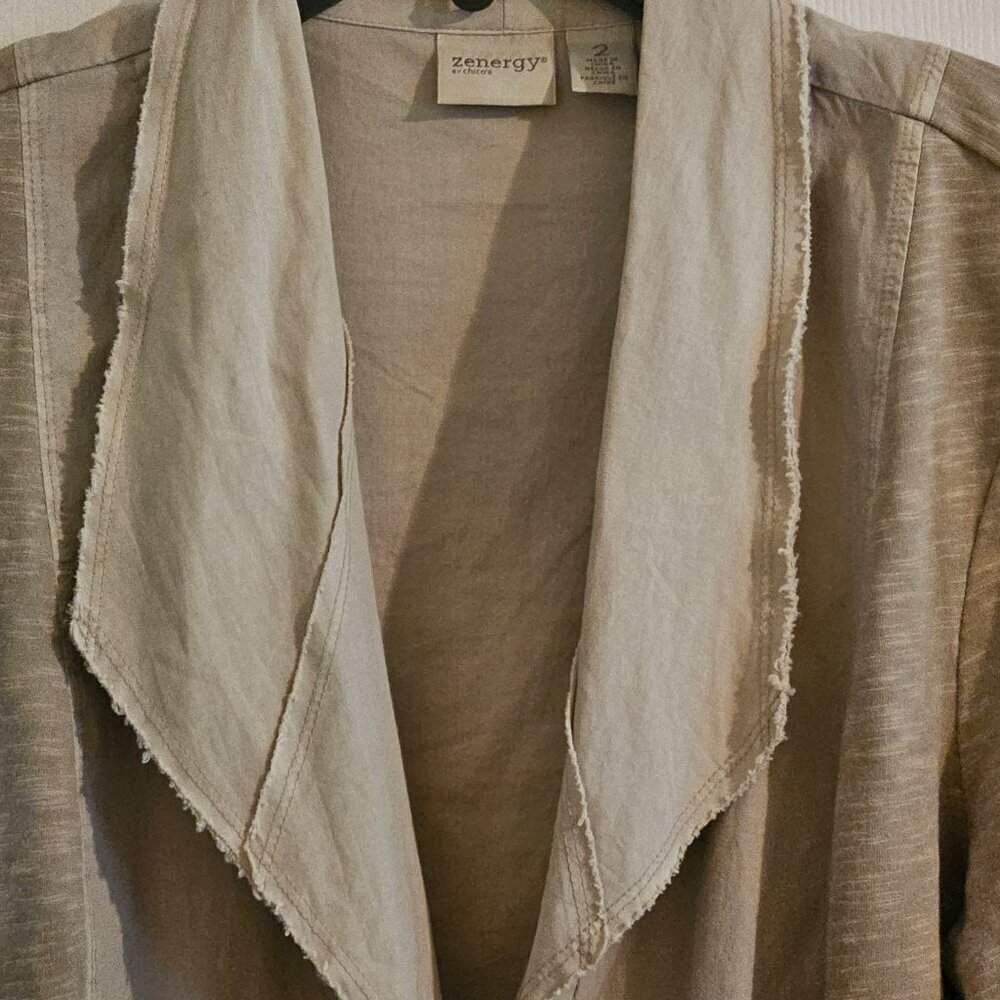 Zenergy Chico's Oatmeal stretch Minamalist Beige 3/4 Sleeve cotton crop Jacket L - Picture 7 of 7